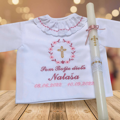 K01 - košieľka na krst dve ružové so zlatou a sviečka na krst zlatý krížik