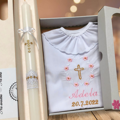 Košieľka na krst k01 ružová so zlatou a sviečka na krst zlatý krížik