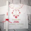 Košieľka na krst červená zlatá a sviečka na krst červené kvietky
