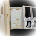 Košieľka na krst k12 biela zlatá + Sviečka na krst zlatý krížik + zdobená krabička