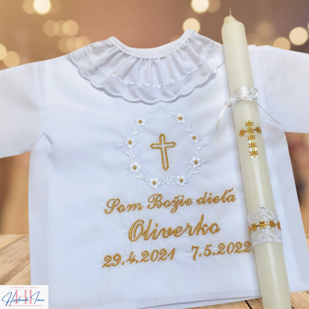 Košieľka na krst k01 bielo-zlatá + sviečka na krst so zlatým krížikom