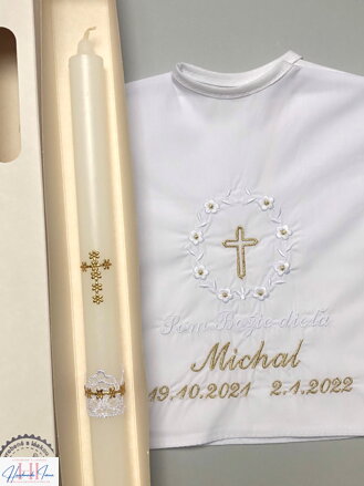 Krstová košieľka na krst k01 bielo-zlatá + sviečka na krst zlatý krížik