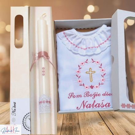 Košieľka na krst k01 dve ružové so zlatou a sviečka na krst staroružové kvietky