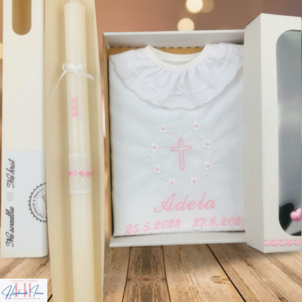 Košieľka na krst k01 ružová biela + Sviečka na krst ružové kvietky
