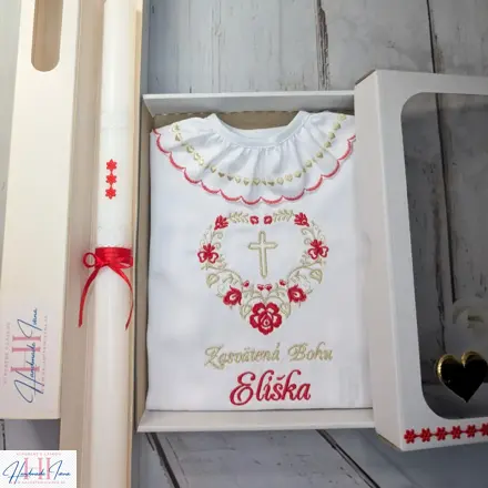 Košieľka na krst červená zlatá a sviečka na krst červené kvietky