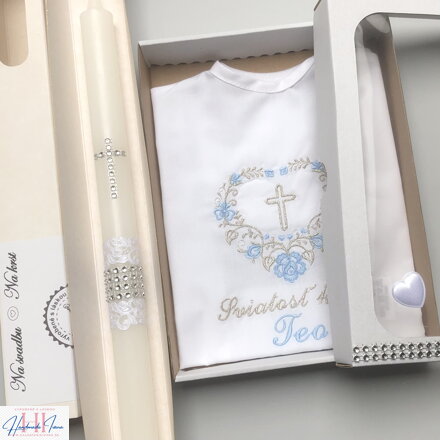 Košieľka na krst k05 modrá strieborná + Sviečka na krst strieborná