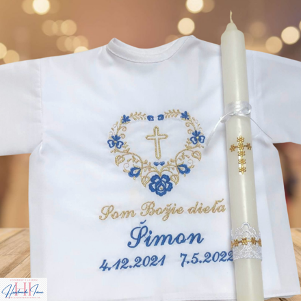Košieľka na krst k05 tmavomodrá zlatá + Sviečka na krst zlatý krížik