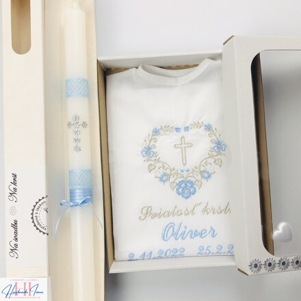 Košieľka na krst k05 modrá strieborná + Sviečka na krst strieborný krížik s modrou