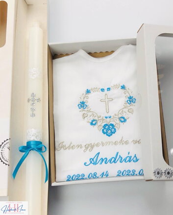 Košieľka na krst k05 iná modrá strieborná + Sviečka na krst strieborný krížik s inou modrou