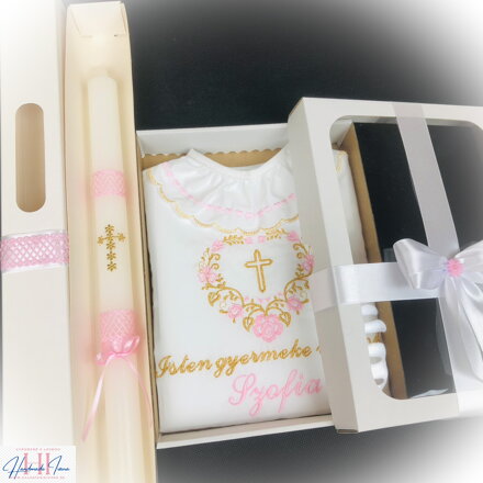 Košieľka na krst k05 ružová zlatá + Sviečka na krst zlatý krížik s ružovou