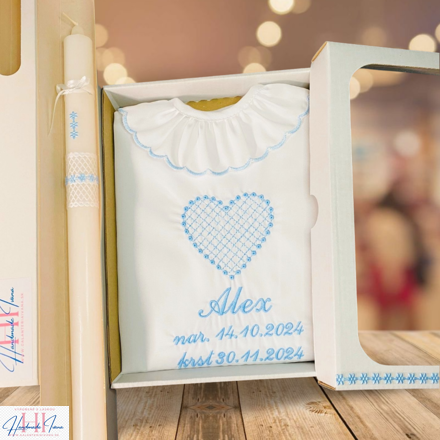 Košieľka na krst k06 a sviečka na krst modré kvietky