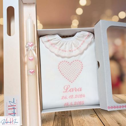 Krstová košieľka na krst k06 ružová + sviečka na krst ružové srdiečka