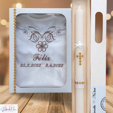 Košieľka na krst k07 hnedá + Sviečka na krst zlatý krížik