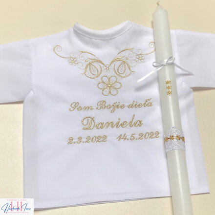 K07 - Košieľka na krst zlatá + Sviečka na krst zlaté kvietky