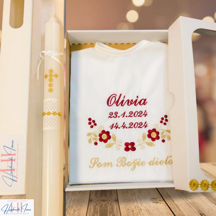 Košieľka na krst k09 bordová so zlatou - sviečka na krst zlatý krížik