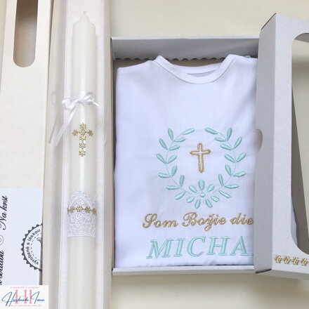 Košieľka na krst k10 mentolová so zlatou a sviečka na krst zlatý krížik