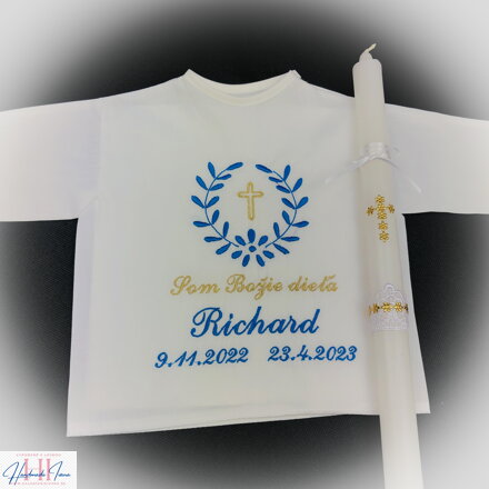 Košieľka na krst k10 tmavomodro-zlatá, Sviečka na krst zlatý krížik