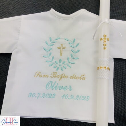 Košieľka na krst k10 mentolová, Sviečka na krst zlatý krížik