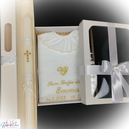 Košieľka na krst k12 biela zlatá + Sviečka na krst zlatý krížik + zdobená krabička