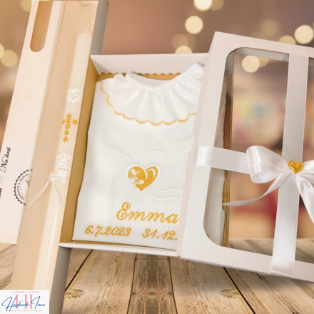 Košieľka na krst k12 biela zlatá + Sviečka na krst zlatý krížik