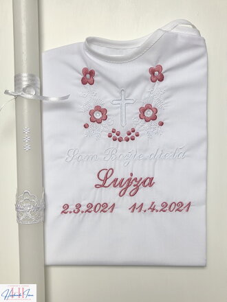 K14 - Košieľka na krst  ružovo-biela + Sviečka na krst biele kvietky