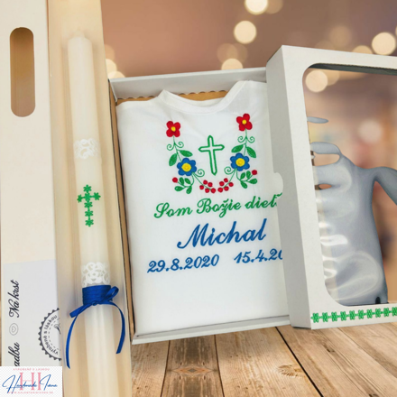 Košieľka na krst k14 modrá zelená červená + Sviečka na krst zelený krížik