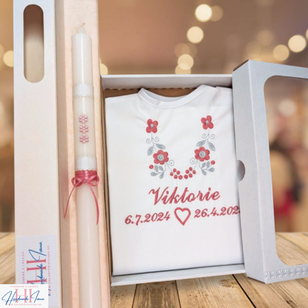 Košieľka na krst k14 staroružová šedá + Sviečka na krst staroružové kvietky