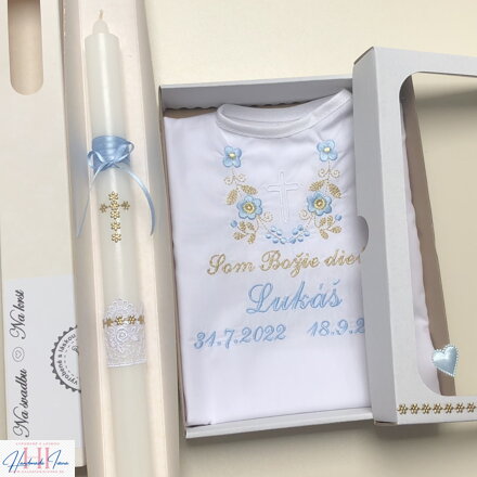 Košieľka na krst k14 modrá zlatá + Sviečka na krst zlatý krížik s modrou