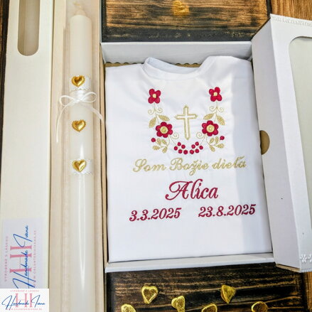 Košieľka na krst k14 bordová zlatá + sviečka na krst zlaté srdiečka