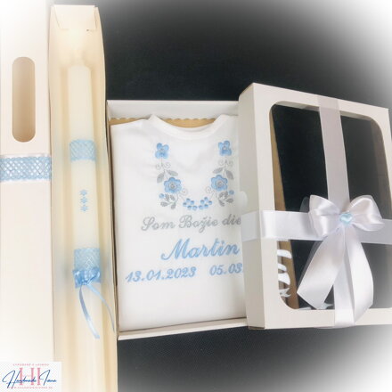 Košieľka na krst k14 modrá šedá + Sviečka na krst modré kvietky