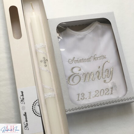 k18 - košieľka na krst v krabičke + sviečka na krst v krabičke - strieborná s bielou