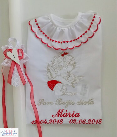 K34 - košieľka na krst červeno-strieborná + Sviečka na krst biela čipka a srdiečko s červenou mašličkou