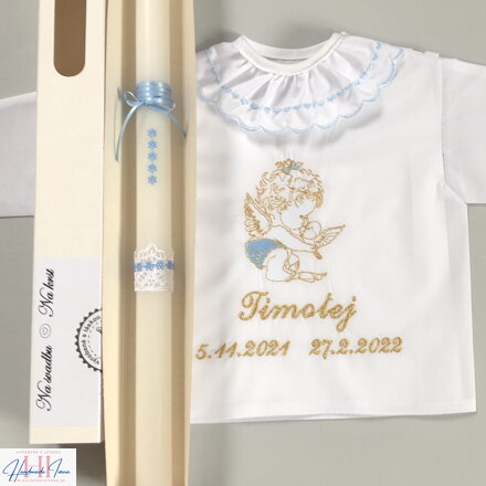 K34 - Košieľka na krst modrá so zlatou a sviečka na krst modré kvietky