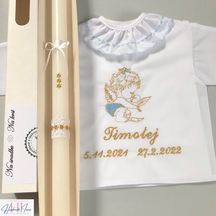 K34 - Košieľka na krst modrá so zlatou a sviečka na krst zlaté kvietky