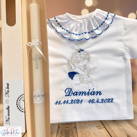 K34 - Košieľka na krst tmavomodrá so striebornou a sviečka na krst strieborný krížik