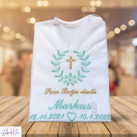 K10 - košieľka na krst mentolovo-zlatá so srdiečkom