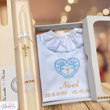 Košieľka na krst k42 svetlomodrá zlatá + Sviečka na krst zlatý krížik