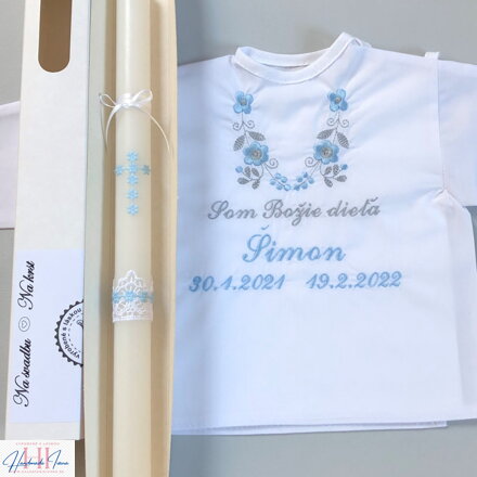 K14 - košieľka na krst modrá so šedou a sviečka na krst modrý krížik