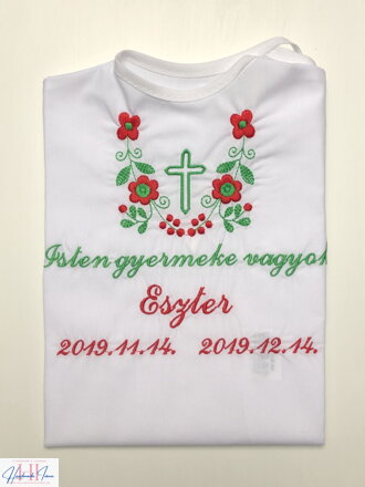 K14 - košieľka na krst zeleno-červená výšivka s krížikom