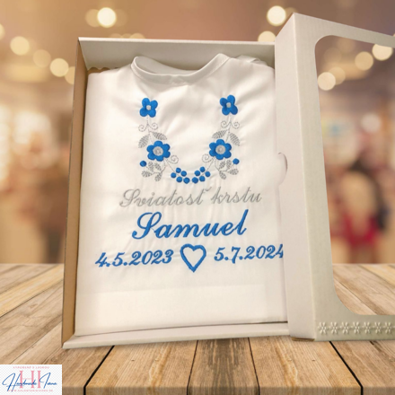 K14 - košieľka na krst so srdiečkom tmavomodrá so šedou