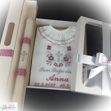 Košieľka na krst k14 staroružová šedá + Sviečka na krst s krížikom