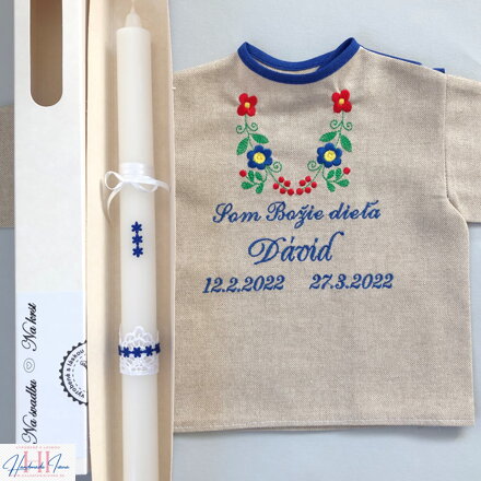 K15 - košieľka na krst ľanová + Sviečka na krst tmavomodré kvietky