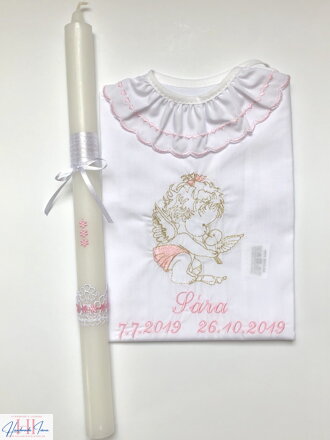 K34 - košieľka na krst ružovo-zlatá + Sviečka na krst ružové kvietky