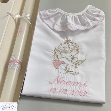 K34 - košieľka na krst ružovo zlatá + Sviečka na krst ružové kvietky