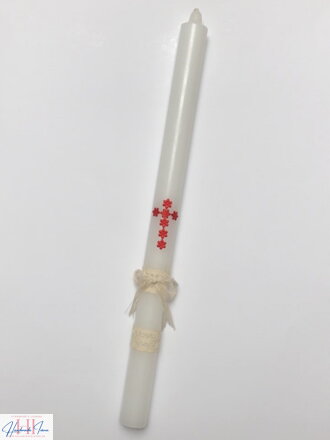 Sviečka na krst červený krížik a čipka