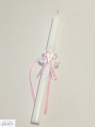 Sviečka Handmade Ivana biela čipka-biele srdiečko-ružová mašlička