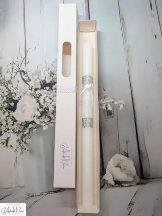 Sviečka biely krížik, strieborný s chránitkom