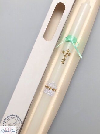 Sviečka na krst zlatý krížik a mentolová stuha