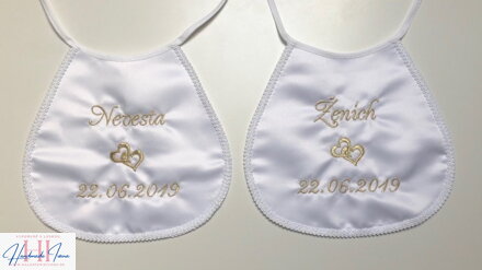 Svadobné podbradníky Nevesta, Ženích a dva srdiečka, farba podľa želania