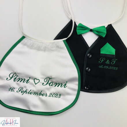 Svadobné podbradníky Sme svoji so srdiečkom smaragdovo zelené